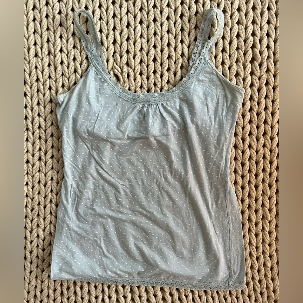 Blue and white polka dot lace strap tank size XL